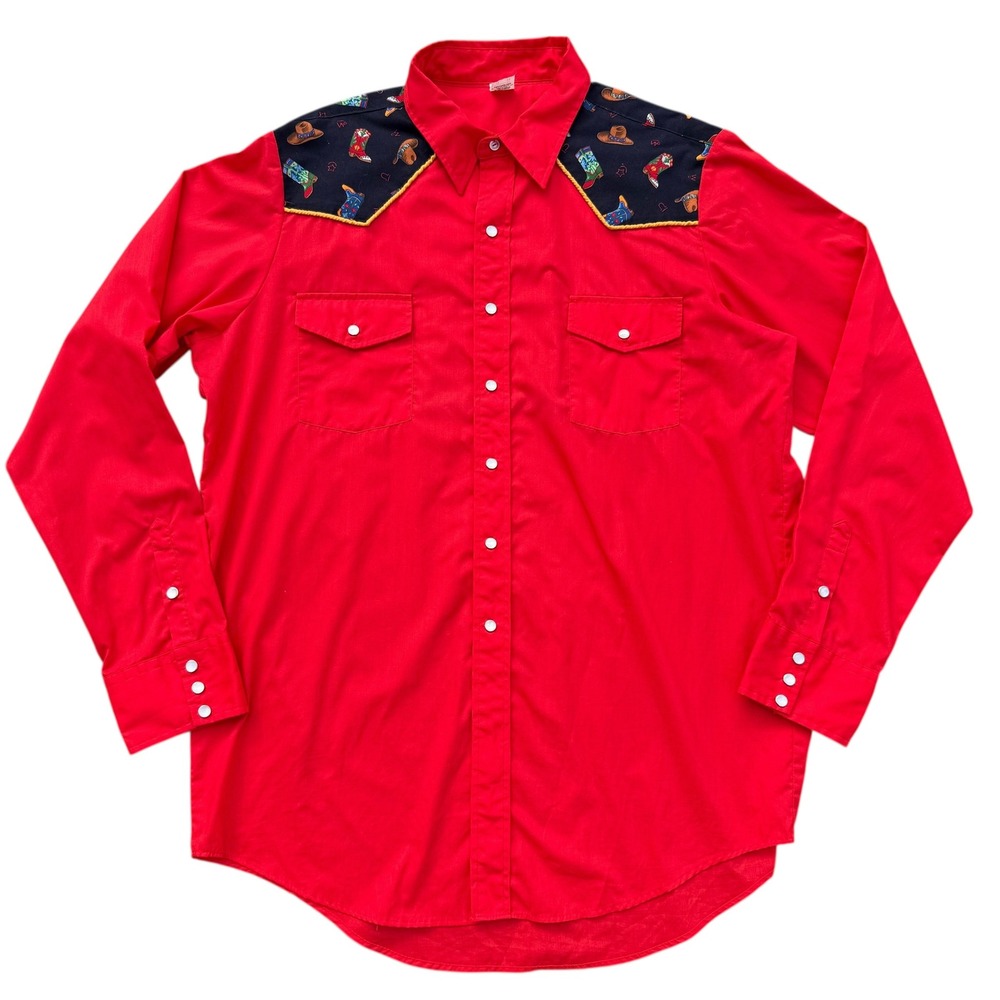 Malco Modes Mens Red Western Cowboy Shirt Rodeo Motif Size 18‎ 36